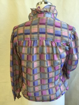 NORDSTROM, Powder Blue, Blue, Beige, Pink, Magenta Pink, Polyester, Stripes - Vertical , Plaid-  Windowpane, Sheer, Self Ruffle Collar Attached, and Button Front Placket, Poet Sleeves