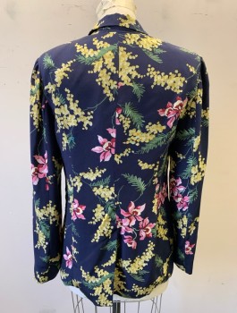 Womens, Blazer, WHISTLES, Navy Blue, Butter Yellow, Pink, Sage Green, Silk, Floral, Size 4, Single Breasted, Notched Lapel, 1 Gold Metallic Button, 2 Slanted Welt Pockets, Padded Shoulders
