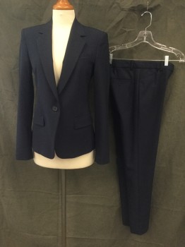 THEORY, Navy Blue, Wool, Elastane, Solid, Single Breasted, Collar Attached, Notched Lapel, 3 Pockets, Long Sleeves