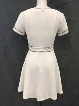 Womens, Dress, Short Sleeve, SHOSHANNA, Cream, Polyester, Solid, 4, Crepe Texture, V-neck, Short Sleeves, Black Piping Detail, 1 3/4" Waistband with Black Piping, Zip Back, Knee Length