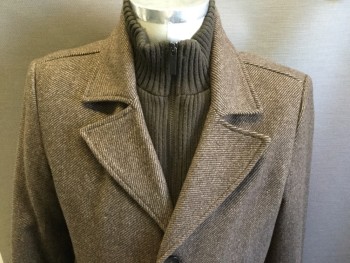 Mens, Coat, Overcoat, KENNETH COLE, Brown, Putty/Khaki Gray, Wool, Stripes - Diagonal , M, Single Breasted, Peaked Lapel, Solid Brown Rib Knit Zip Front Turtleneck Attached to Coat, 2 Pockets,