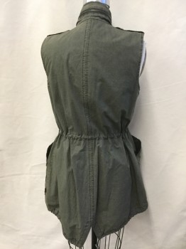 Womens, Vest, LEVI'S, Olive Green, Cotton, Polyester, Solid, XS, Collar Attached with Zipper, Epaulettes, Olive with Black Herringbone Lining, Black Cord, D-string with Metal Stopper, 2 Slant Pockets with Flap, Zip Front, and Hidden Snap Front, Split Back Center Hem with D-string