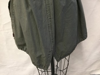 Womens, Vest, LEVI'S, Olive Green, Cotton, Polyester, Solid, XS, Collar Attached with Zipper, Epaulettes, Olive with Black Herringbone Lining, Black Cord, D-string with Metal Stopper, 2 Slant Pockets with Flap, Zip Front, and Hidden Snap Front, Split Back Center Hem with D-string