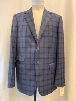 Mens, Sportcoat/Blazer, DI STEFANO, Blue, Brown, Chocolate Brown, Wool, Plaid, 46 L, Notched Lapel, Collar Attached, 4 Pockets, 2 Buttons,