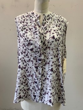 Womens, Top, EMERSON ROSE, White, Lt Gray, Purple, Navy Blue, Silk, Floral, L, Button Front, Ruffle Center Front, Sleeveless