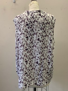 Womens, Top, EMERSON ROSE, White, Lt Gray, Purple, Navy Blue, Silk, Floral, L, Button Front, Ruffle Center Front, Sleeveless