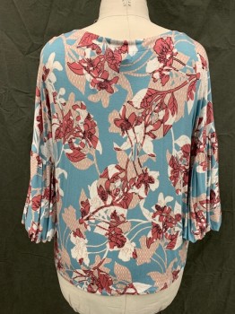 Womens, Top, WORTHINGTON, Lt Blue, Mauve Pink, White, Rose Pink, Rayon, Spandex, Floral, 2XL, Jersey Knit, Scoop Neck, Gathered Billowy Short Sleeves