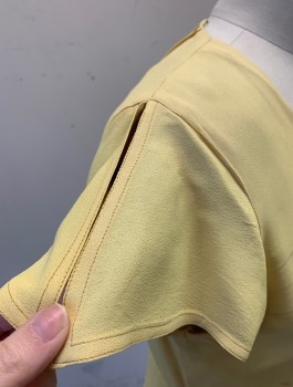 N/L, Butter Yellow, Silk, Solid, Crepe, Split Cap Sleeve, Panel at Chest with Cutout Diamonds, 3D Self Bow, High Square Neck, Below Knee Length, 2 Box Pleats at Hem, **Small Red Stain Near Bust