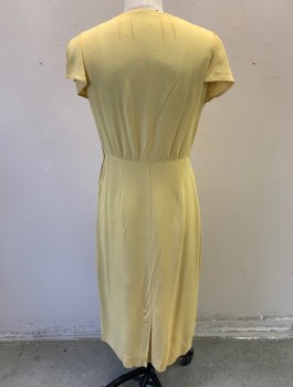 Womens, Dress, N/L, Butter Yellow, Silk, Solid, W:28, B:36, H:36, Crepe, Split Cap Sleeve, Panel at Chest with Cutout Diamonds, 3D Self Bow, High Square Neck, Below Knee Length, 2 Box Pleats at Hem, **Small Red Stain Near Bust