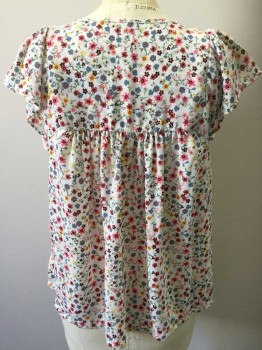 Womens, Top, GAP, Off White, Yellow, Pink, Blue, Maroon Red, Polyester, Floral, XS, Tiny Floral Print, Short Flutter Sleeves, Ties at Neck Center Front, Yoke, Barcode Located on the Left Side