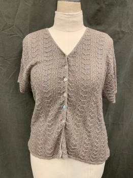 RETRO, Taupe, Gray, Cotton, Synthetic, 2 Color Weave, Button Front Cardigan, Open Knit, V-neck, Short Sleeves, Scalloped Hem