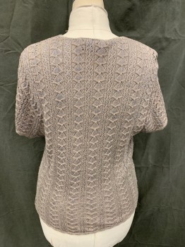 RETRO, Taupe, Gray, Cotton, Synthetic, 2 Color Weave, Button Front Cardigan, Open Knit, V-neck, Short Sleeves, Scalloped Hem