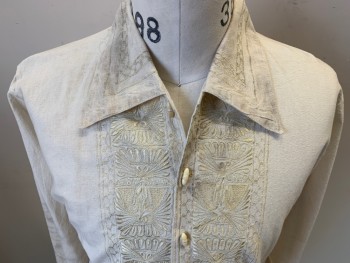 N/L, Cream, Gray, Cotton, Novelty Pattern, World Culture, Novelty Embroidery Center Front, on Collar & Cuffs, Long Sleeves, Button Front, Collar Attached, Aged/Distressed,  Cream Barrel Buttons