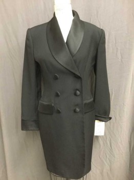 EVAN PICONNE, Black, Synthetic, Solid, Coat Dress, Black W/black Satin Shawl Collar, Double Breasted, 6 Black Satin Cover Button Front, Long Sleeves W/black Satin Cuffs & Pocket Flaps, 3/4 Length