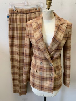 WILFRED, Caramel Brown, Beige, Navy Blue, Polyester, Viscose, Plaid, Pant Suit, Blazer: Double Breasted, Peaked Lapel, Lightly Padded Shoulders, Beige Lining