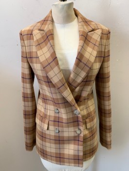 WILFRED, Caramel Brown, Beige, Navy Blue, Polyester, Viscose, Plaid, Pant Suit, Blazer: Double Breasted, Peaked Lapel, Lightly Padded Shoulders, Beige Lining