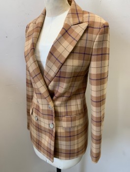 Womens, Suit, Jacket, WILFRED, Caramel Brown, Beige, Navy Blue, Polyester, Viscose, Plaid, Sz.00, Pant Suit, Blazer: Double Breasted, Peaked Lapel, Lightly Padded Shoulders, Beige Lining
