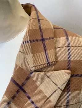Womens, Suit, Jacket, WILFRED, Caramel Brown, Beige, Navy Blue, Polyester, Viscose, Plaid, Sz.00, Pant Suit, Blazer: Double Breasted, Peaked Lapel, Lightly Padded Shoulders, Beige Lining