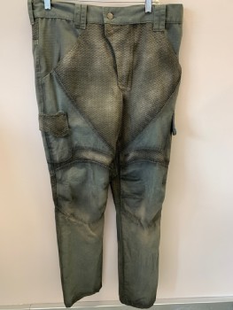 Mens, Sci-Fi/Fantasy Pants, N/L, Green, Forest Green, Cotton, Solid, Text,  33 , 36, 1/2, Rubber Texture Sections ,  Cargo Pockets , Black Flip Pockets  Double Strap Belt Loops , Aged