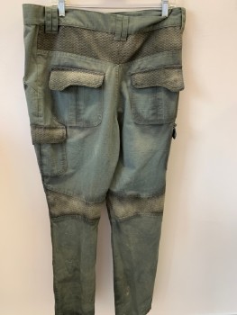 N/L, Green, Forest Green, Cotton, Solid, Text, Rubber Texture Sections ,  Cargo Pockets , Black Flip Pockets  Double Strap Belt Loops , Aged