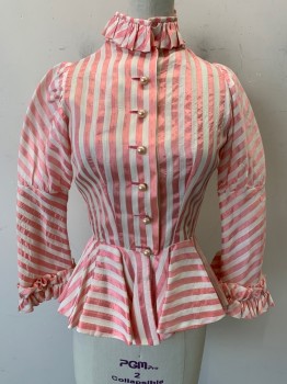 Womens, Historical Fiction Blouse, ADOLFO, Pink, Cream, Silk, Stripes - Vertical , W:24, B:32, Organza, 3/4 Sleeves, Ruffle at Neck and Cuffs, Large Pearl Buttons, Peplum Waist, Loosely Historical, is Actually An 80's Blouse