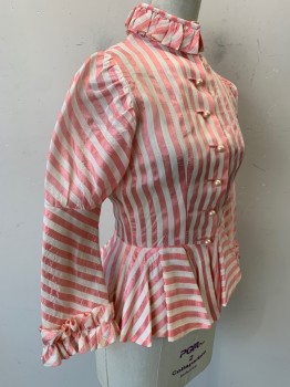 Womens, Historical Fiction Blouse, ADOLFO, Pink, Cream, Silk, Stripes - Vertical , W:24, B:32, Organza, 3/4 Sleeves, Ruffle at Neck and Cuffs, Large Pearl Buttons, Peplum Waist, Loosely Historical, is Actually An 80's Blouse