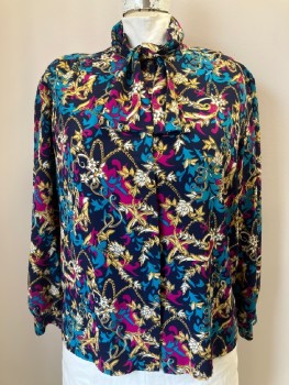 TAN-JAY, Navy Blue, Gold, Turquoise Blue, Magenta Pink, Cream, Polyester, Floral, C.A. With Neck Tie, L/S, B.F. With Covered Placket