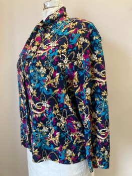 Womens, Blouse, TAN-JAY, Navy Blue, Gold, Turquoise Blue, Magenta Pink, Cream, Polyester, Floral, 2XL, C.A. With Neck Tie, L/S, B.F. With Covered Placket