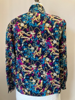 TAN-JAY, Navy Blue, Gold, Turquoise Blue, Magenta Pink, Cream, Polyester, Floral, C.A. With Neck Tie, L/S, B.F. With Covered Placket