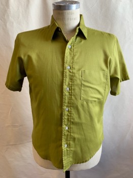 Mens, Shirt, CAMPUS, Chartreuse Green, Polyester, Cotton, Solid, 15, Button Front, Collar Attached, Short Sleeves, 1 Pocket *Repaired Hole Near Neck*