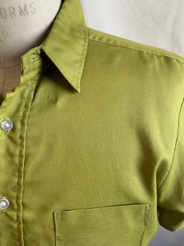 Mens, Shirt, CAMPUS, Chartreuse Green, Polyester, Cotton, Solid, 15, Button Front, Collar Attached, Short Sleeves, 1 Pocket *Repaired Hole Near Neck*
