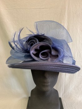 Womens, Hat , FORBUSITE, Navy Blue, Polyester, Basket Weave, Ruffled Flowers with Feathers, Bow