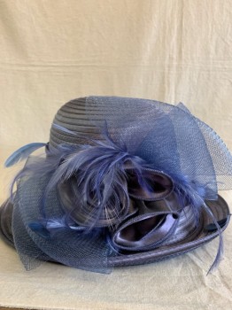 Womens, Hat , FORBUSITE, Navy Blue, Polyester, Basket Weave, Ruffled Flowers with Feathers, Bow