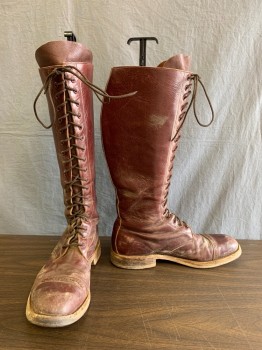 Mens, Boots 1890s-1910s, NL, Brown, Cordovan Red, Leather, Solid, 11, Knee High Full 19 set, Eyehole Lace up to Top , Low Heel Cap Toe with Pierced Hole Detail