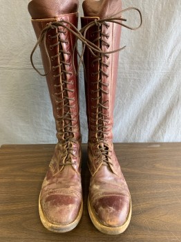 NL, Brown, Cordovan Red, Leather, Solid, Knee High Full 19 set, Eyehole Lace up to Top , Low Heel Cap Toe with Pierced Hole Detail