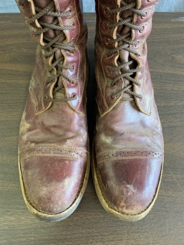 Mens, Boots 1890s-1910s, NL, Brown, Cordovan Red, Leather, Solid, 11, Knee High Full 19 set, Eyehole Lace up to Top , Low Heel Cap Toe with Pierced Hole Detail