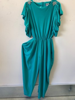 Womens, Jumpsuit, YESSICA, Teal Green, Polyester, Dots, W24-32, B:38, Self Pattern Jacquard, Poofy Ruched 1/2 Sleeves, Round Neck, Silver Beaded Appliques at Shoulders, Elastic Waist, Pleated Waist, Tapered Leg