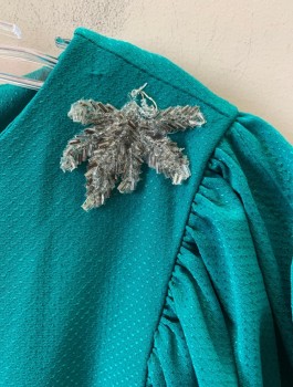 Womens, Jumpsuit, YESSICA, Teal Green, Polyester, Dots, W24-32, B:38, Self Pattern Jacquard, Poofy Ruched 1/2 Sleeves, Round Neck, Silver Beaded Appliques at Shoulders, Elastic Waist, Pleated Waist, Tapered Leg