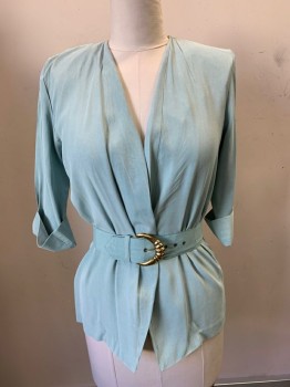 S.L. PETITES, Mint Green, Polyester, Rayon, Solid, Open Front, Rolled Cuffs, No Lapel, Lightweight