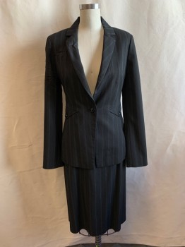 Womens, Suit, Jacket, CLASSIQUES, Black, White, Turquoise Blue, Viscose, Polyester, Stripes, 4, BLAZER, Single Breasted, Notched Lapel, 2 Pockets with Black Button, Vent Back, Button Cuff
