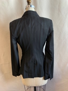 Womens, Suit, Jacket, CLASSIQUES, Black, White, Turquoise Blue, Viscose, Polyester, Stripes, 4, BLAZER, Single Breasted, Notched Lapel, 2 Pockets with Black Button, Vent Back, Button Cuff