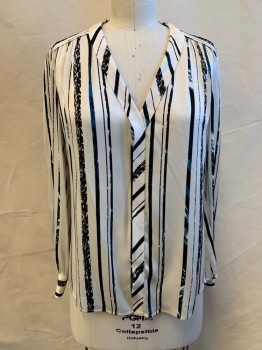 Womens, Blouse, CLASSIQUES ENTIER, White, Black, Teal Blue, Silk, Lycra, Stripes, L, V-neck, Collar Attached Into Placket Panel, Gathered at Yoke, Long Sleeves, Button Cuff