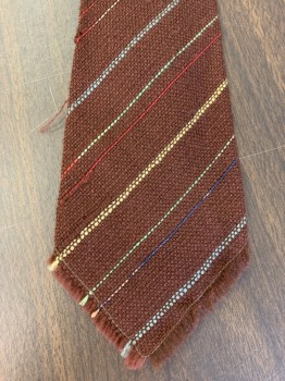 Mens, Tie, WOOL-O-WISP, Brown, Red, Yellow, Blue, Green, Wool, Stripes - Diagonal , Raw Edge, Small Moth Hold on Back