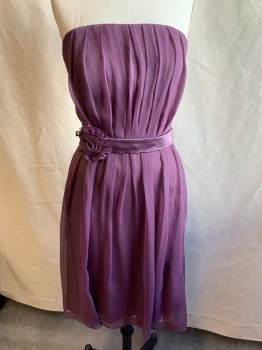 DRESSY COLLECTION, Mauve Purple, Polyester, Acetate, Solid, Strapless, Zip Back, W/Belt with Flower Attached, Pleated