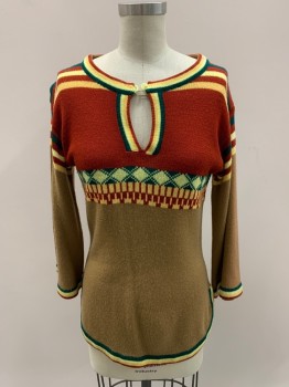 NL, Red, Tan Brown, Multi-color, Acrylic, Stripes, Color Blocking, Round Neck, Keyhole At Neck, Bell Sleeves, Diamond Stripe Below Bust *Missing Bttn At Keyhole*
