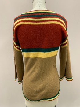 Womens, Sweater, NL, Red, Tan Brown, Multi-color, Acrylic, Stripes, Color Blocking, S, Round Neck, Keyhole At Neck, Bell Sleeves, Diamond Stripe Below Bust *Missing Bttn At Keyhole*