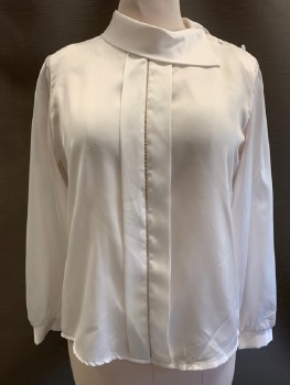 RAPSODY, White, Polyester, Solid, Satin, Pullover, Fold Collar, C.A., Btn Shoulder Closure, CF pleat with Fagotting, L/S, Gathers @ Shoulder, Shoulder Pads, Covered Btns