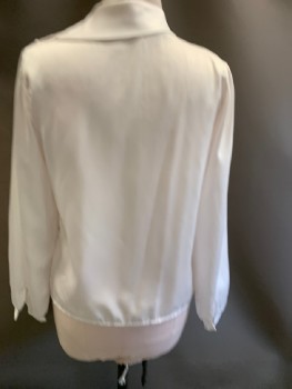 RAPSODY, White, Polyester, Solid, Satin, Pullover, Fold Collar, C.A., Btn Shoulder Closure, CF pleat with Fagotting, L/S, Gathers @ Shoulder, Shoulder Pads, Covered Btns