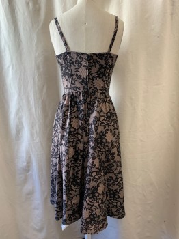 STOP STARING!, Black, Ecru, Polyester, Floral, Lace Like Pattern Printed on Dress, Sweetheart Neckline, Spaghetti Straps, A-Line, Zip Back