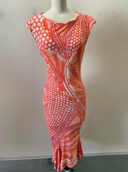 Womens, Dress, Short Sleeve, ROBERTO CAVALLI, Coral Orange, White, Magenta Pink, Polyester, Spandex, Abstract , XS, Cap Sleeves, Stretchy, Bateau Neck, Fitted, Flared Hem With Godet Panels, Knee Length